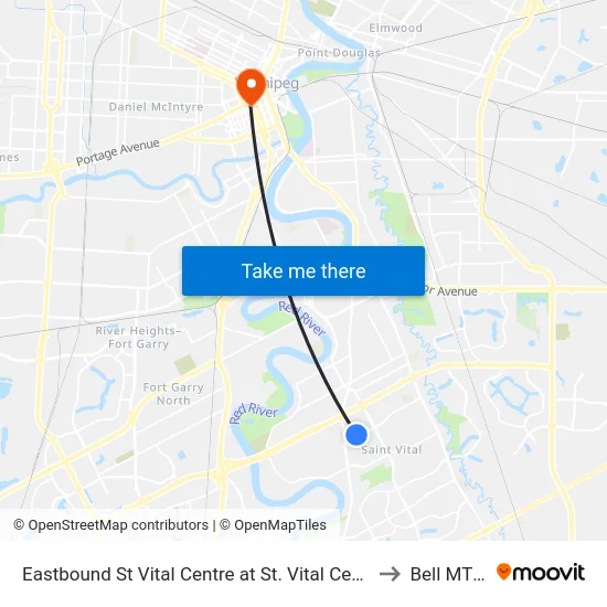 Eastbound St Vital Centre at St. Vital Centre Hub (552 To South St. Vital) to Bell MTS Centre map