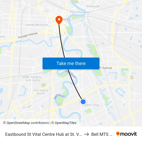 Eastbound St Vital Centre Hub at St. Vital Centre (Fx2) to Bell MTS Centre map