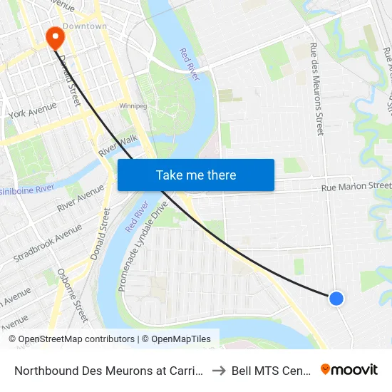 Northbound Des Meurons at Carriere to Bell MTS Centre map