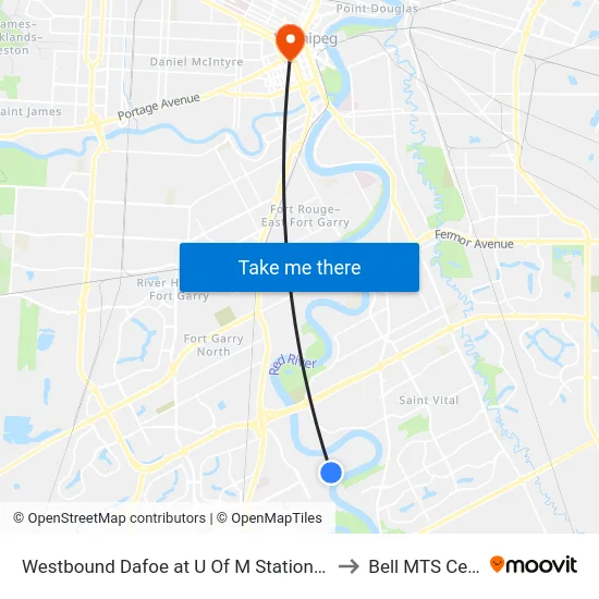 Westbound Dafoe at U Of M Station (F8, 74) to Bell MTS Centre map