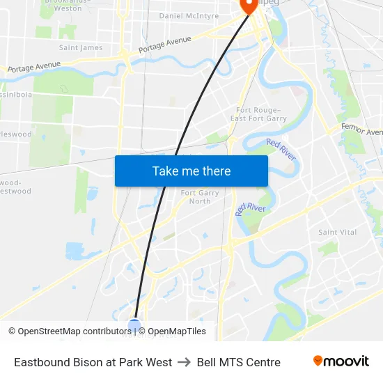 Eastbound Bison at Park West to Bell MTS Centre map