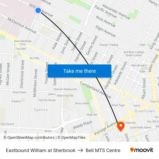 Eastbound William at Sherbrook to Bell MTS Centre map