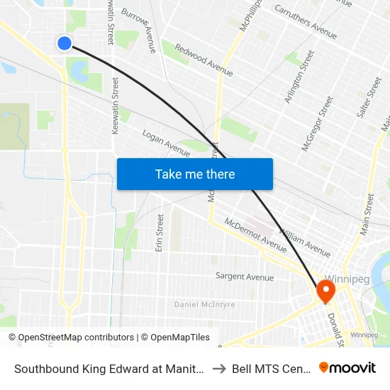 Southbound King Edward at Manitoba to Bell MTS Centre map