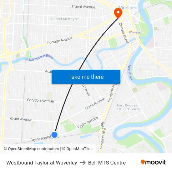 Westbound Taylor at Waverley to Bell MTS Centre map