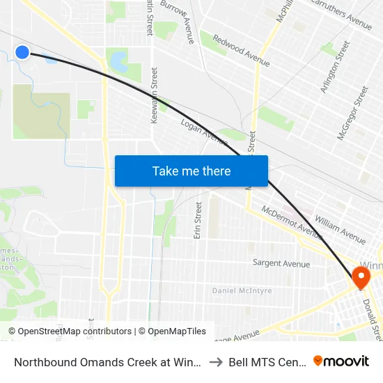 Northbound Omands Creek at Winfield to Bell MTS Centre map