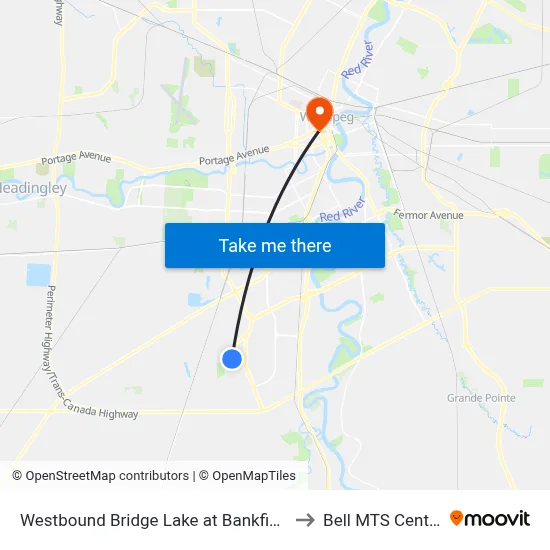 Westbound Bridge Lake at Bankfield to Bell MTS Centre map