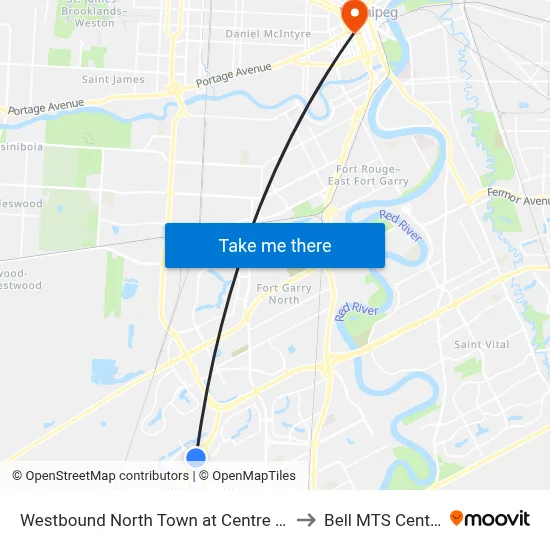 Westbound North Town at Centre St. to Bell MTS Centre map