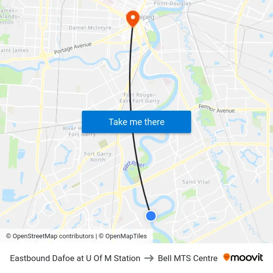Eastbound Dafoe at U Of M Station to Bell MTS Centre map