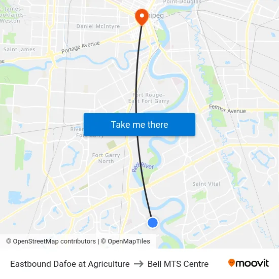Eastbound Dafoe at Agriculture to Bell MTS Centre map