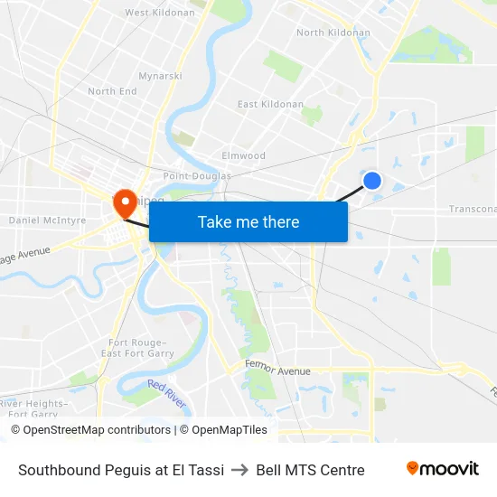 Southbound Peguis at El Tassi to Bell MTS Centre map