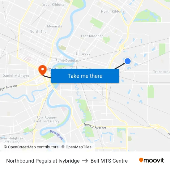 Northbound Peguis at Ivybridge to Bell MTS Centre map