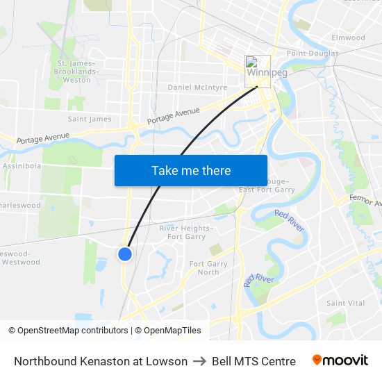 Northbound Kenaston at Lowson to Bell MTS Centre map