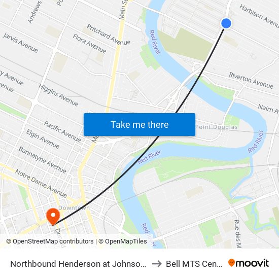 Northbound Henderson at Johnson N. to Bell MTS Centre map