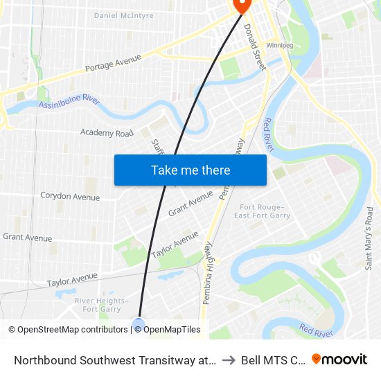 Northbound Southwest Transitway at Seel Station to Bell MTS Centre map