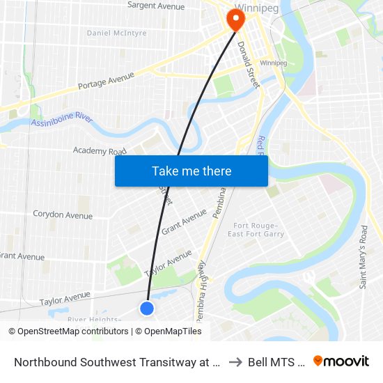 Northbound Southwest Transitway at Beaumont Station to Bell MTS Centre map