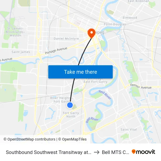 Southbound Southwest Transitway at Seel Station to Bell MTS Centre map