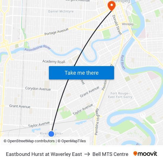 Eastbound Hurst at Waverley East to Bell MTS Centre map