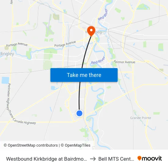 Westbound Kirkbridge at Bairdmore to Bell MTS Centre map