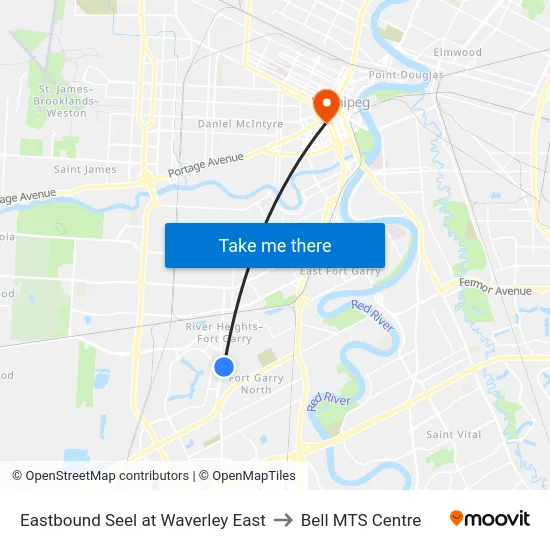 Eastbound Seel at Waverley East to Bell MTS Centre map