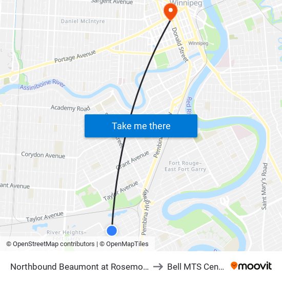 Northbound Beaumont at Rosemount to Bell MTS Centre map