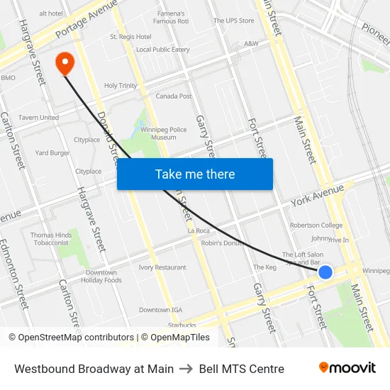 Westbound Broadway at Main to Bell MTS Centre map