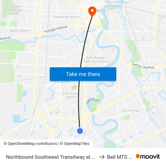 Northbound Southwest Transitway at Markham Station to Bell MTS Centre map