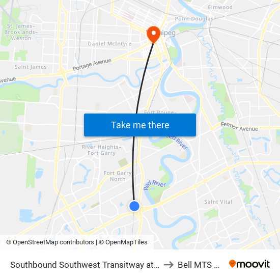 Southbound Southwest Transitway at Plaza Station to Bell MTS Centre map