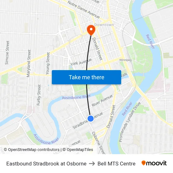 Eastbound Stradbrook at Osborne to Bell MTS Centre map
