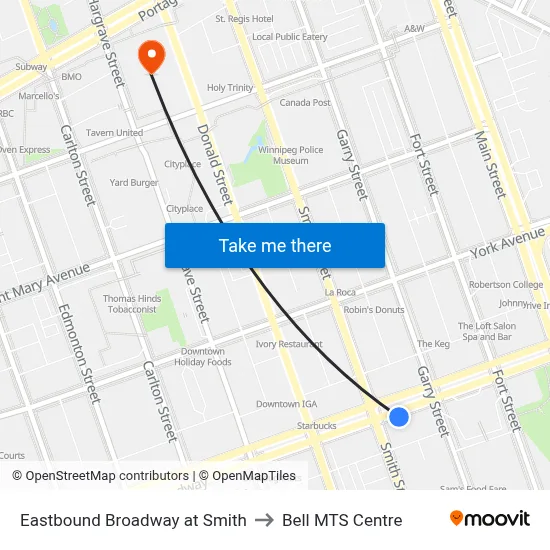 Eastbound Broadway at Smith to Bell MTS Centre map
