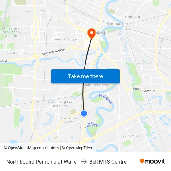 Northbound Pembina at Waller to Bell MTS Centre map