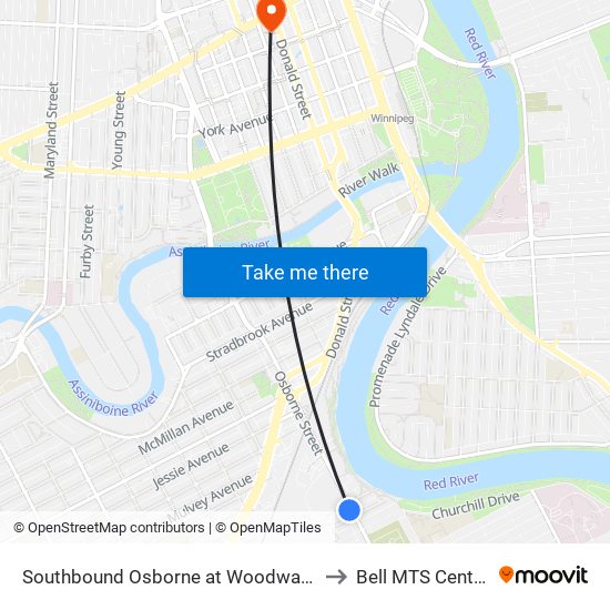 Southbound Osborne at Woodward to Bell MTS Centre map