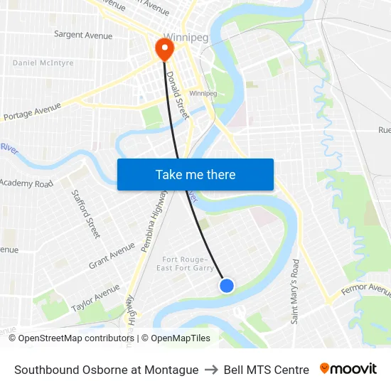 Southbound Osborne at Montague to Bell MTS Centre map