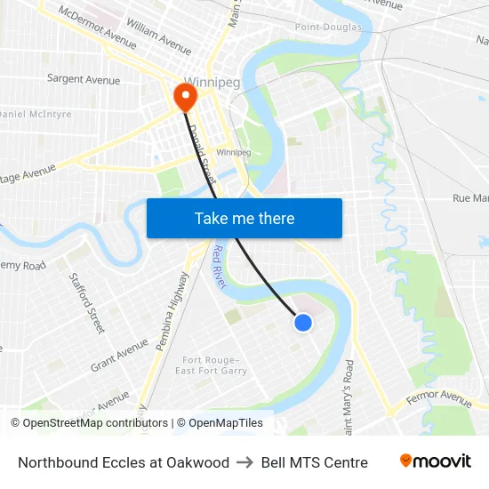 Northbound Eccles at Oakwood to Bell MTS Centre map