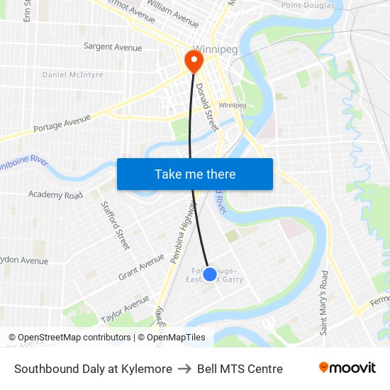 Southbound Daly at Kylemore to Bell MTS Centre map