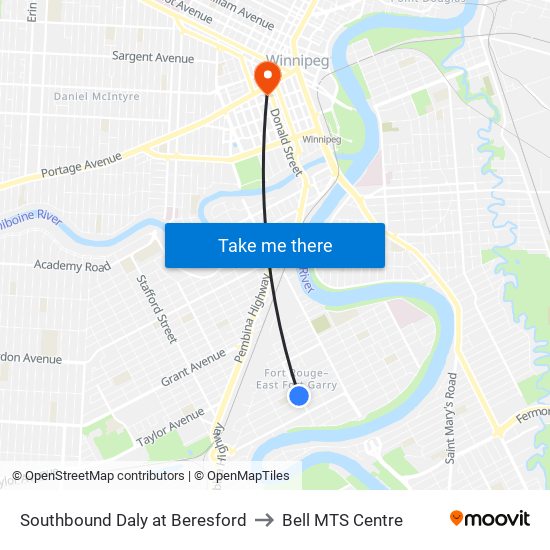 Southbound Daly at Beresford to Bell MTS Centre map