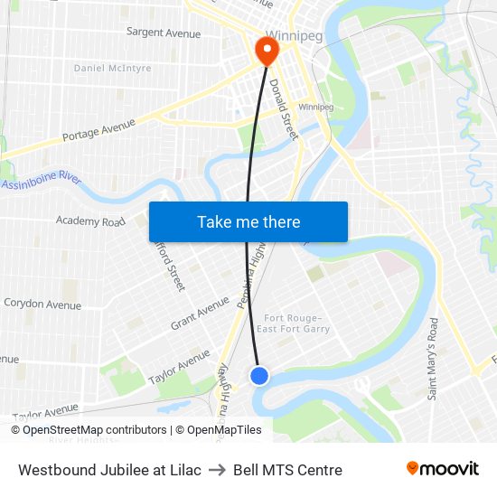 Westbound Jubilee at Lilac to Bell MTS Centre map