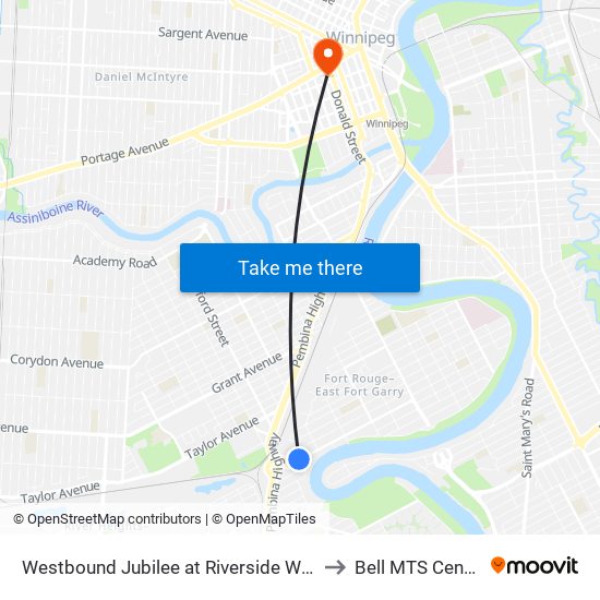 Westbound Jubilee at Riverside West to Bell MTS Centre map