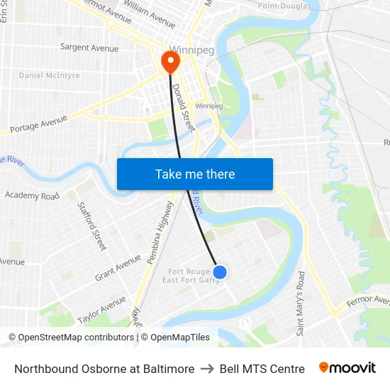 Northbound Osborne at Baltimore to Bell MTS Centre map