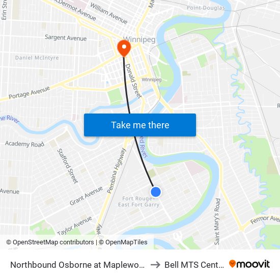 Northbound Osborne at Maplewood to Bell MTS Centre map