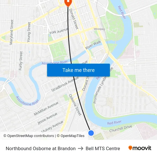 Northbound Osborne at Brandon to Bell MTS Centre map