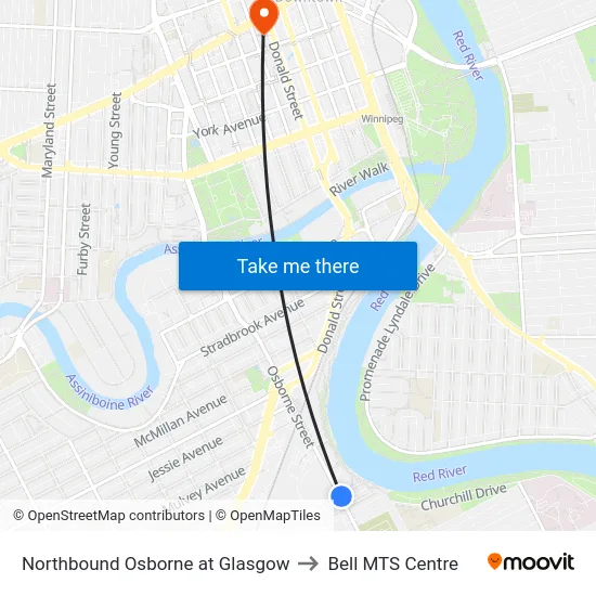 Northbound Osborne at Glasgow to Bell MTS Centre map