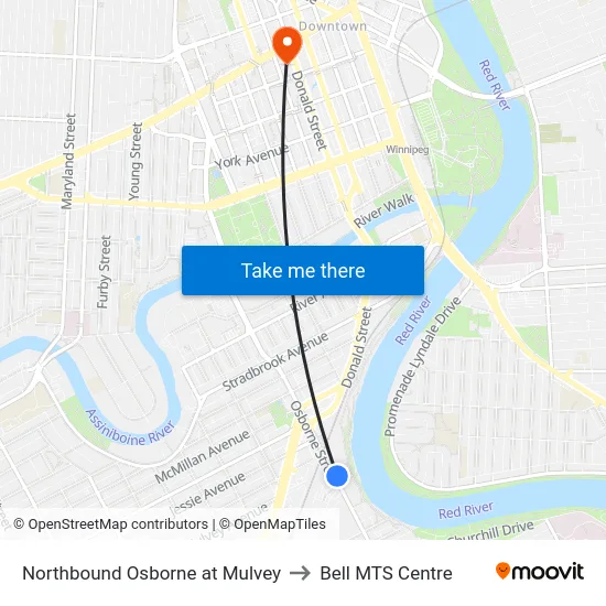 Northbound Osborne at Mulvey to Bell MTS Centre map