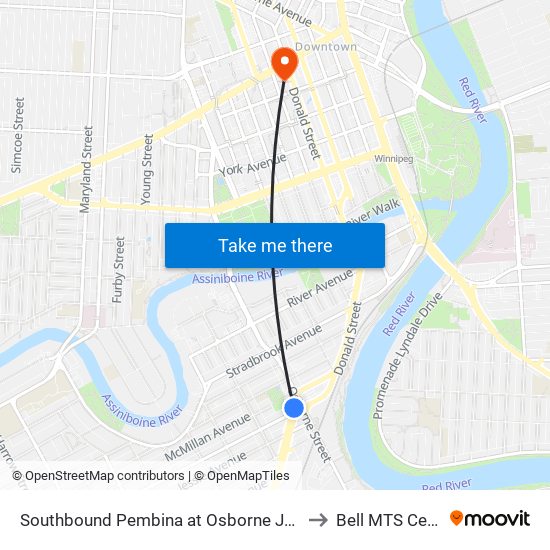 Southbound Pembina at Osborne Junction to Bell MTS Centre map