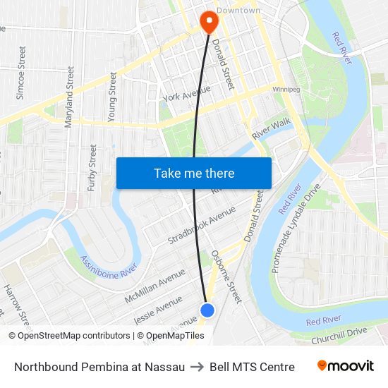 Northbound Pembina at Nassau to Bell MTS Centre map