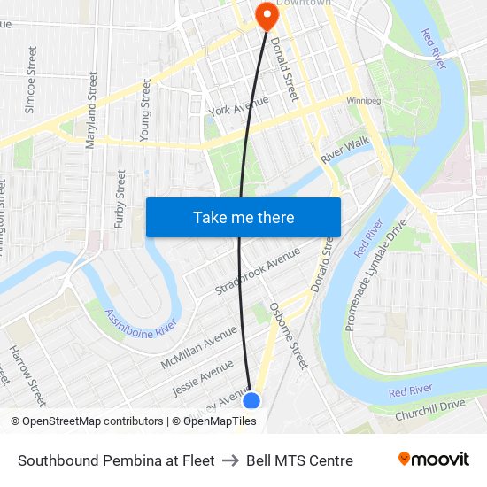 Southbound Pembina at Fleet to Bell MTS Centre map