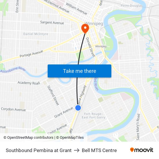 Southbound Pembina at Grant to Bell MTS Centre map