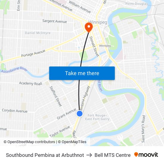 Southbound Pembina at Arbuthnot to Bell MTS Centre map