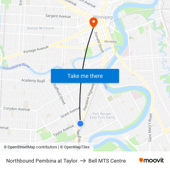 Northbound Pembina at Taylor to Bell MTS Centre map