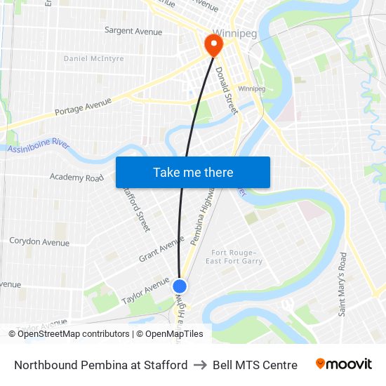 Northbound Pembina at Stafford to Bell MTS Centre map