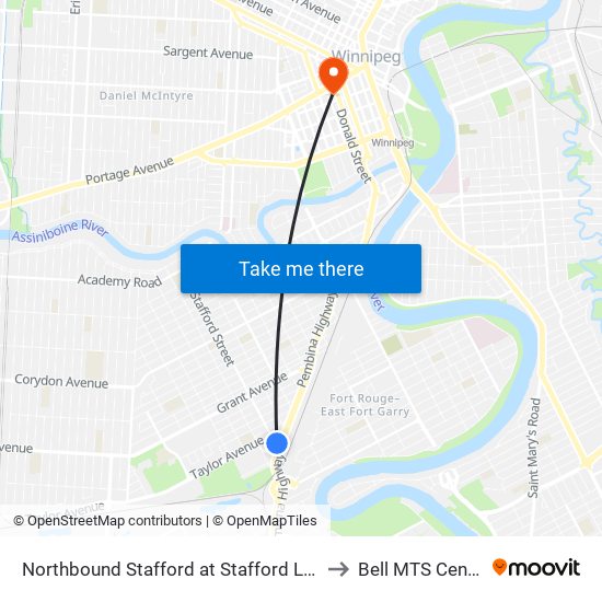 Northbound Stafford at Stafford Loop to Bell MTS Centre map